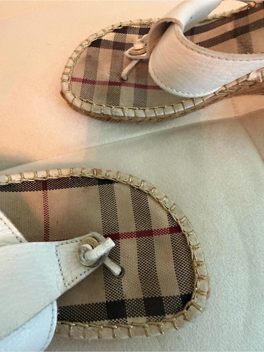 Burberry White Plaid-Insole Wedge Sandals with Leather Thong Strap